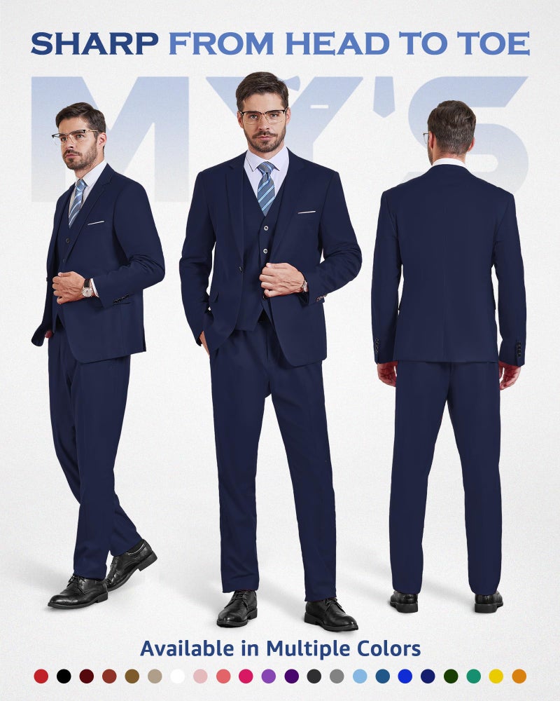 MYS MY'S Men's 3 Piece Suit Set with Tie, One Button Slim Fit Jacket Vest & Pants, Party Wedding Prom Blazer Waistcoat & Trousers, Deep Blue Large - Image 2